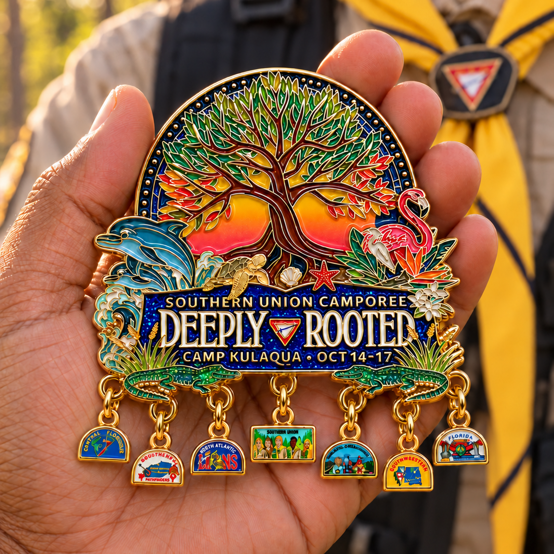 A close-up of a hand holding a colorful commemorative enamel pin featuring a tree of life, tropical birds, flamingos, and dangling charms. A person wearing a yellow neckerchief is blurred in the background.