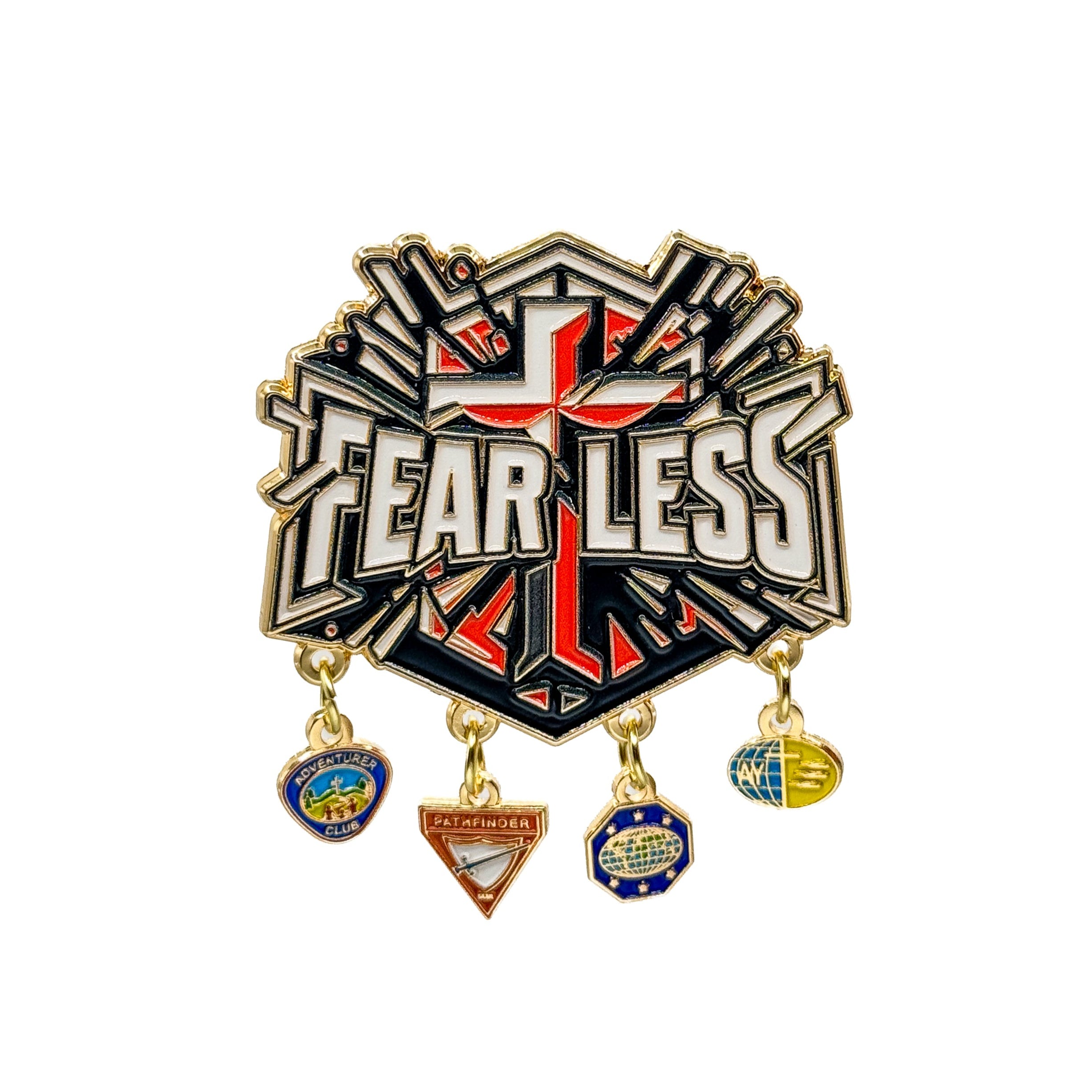 Metallic badge with 'FEAR LESS' text and hanging charms on a white background