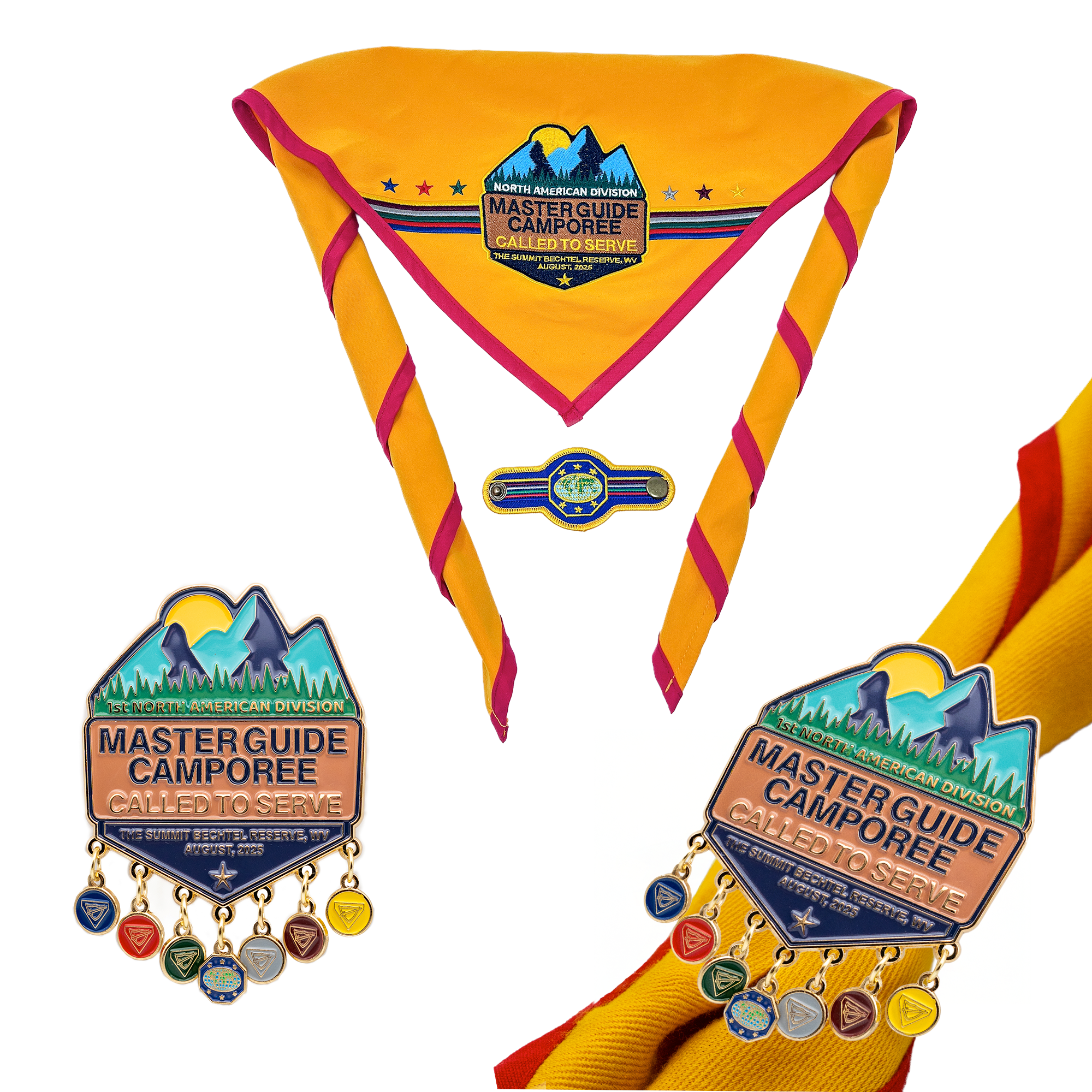 Yellow neckerchief with red trim and badges on a white background