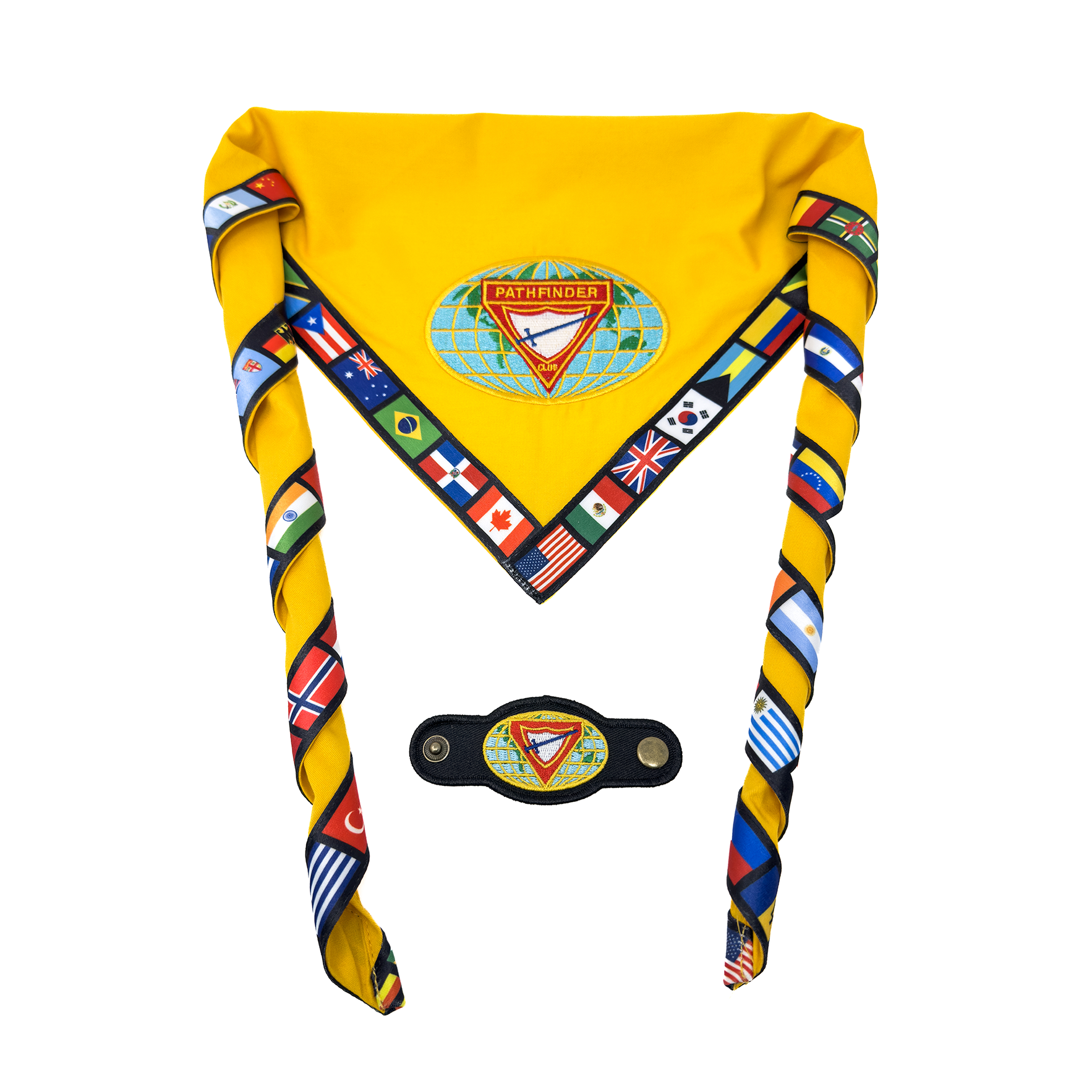 A yellow neck scarf with a slide, decorated with various national flags and an international camporee emblem.