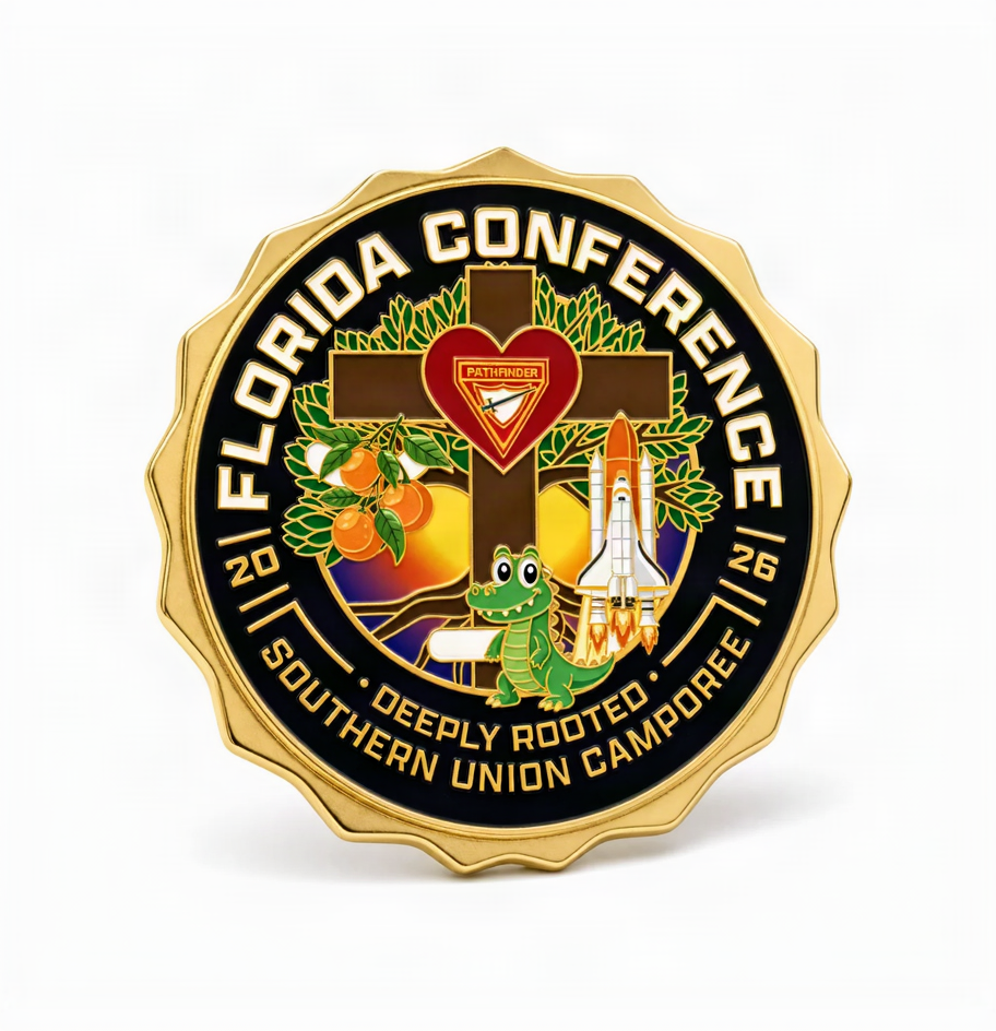 A round commemorative Florida Conference pin with a scalloped gold border, black outer ring, and multicolor central design featuring a cross, heart, oranges, an alligator, a space shuttle, and the text 'FLORIDA CONFERENCE 2026' and 'DEEPLY ROOTED SOUTHERN UNION CAMPOOEE'.